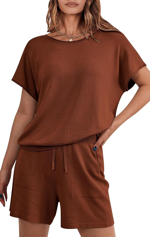 PRETTYGARDEN Two Piece Set 2024 Summer Lounge Tracksuit Outfits Shorts And Short Sleeve Tops Knit... | Amazon (US)