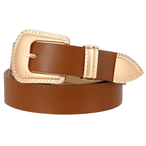 XZQTIVE Women's Leather Belt Vintage Western Belt Plus Size Ladies Belt Gold Silver Buckle for Jeans Pants Dresses, Brown (Fit Waist Size 45”-49”) | Amazon (US)