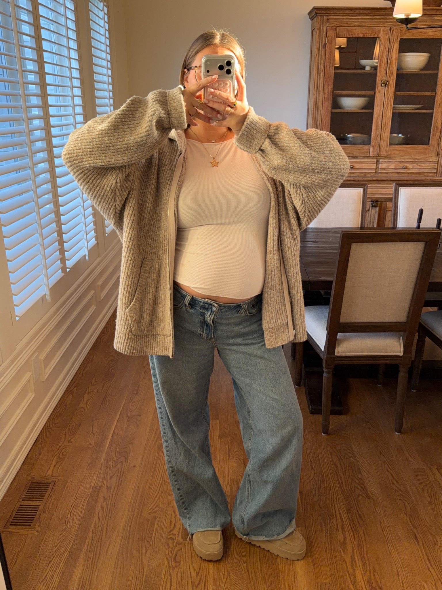 Abercrombie men’s knit zip up bought an XL to be long enough to cover bump if it was zipped it runs big obviously it’s men’s so keep that in mind! On sale and it’s so cute and cozy! Low rise Abercrombie jeans size 30 I need to size up finally 😅 but low rise is perfect for pregnancy. Large in target long sleeve! 

 #ltkbump #ltksalealert