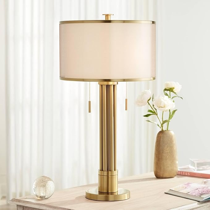Possini Euro Design Granview Modern Table Lamp 32 1/2" Tall Brass Column Taupe Organza Outer Off ... | Amazon (US)