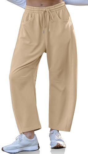 TARSE Women's Barrel Leg Sweatpant Drawstring Elastic Waisted Wide Leg Pants Casual Cotton Palazzo Trousers with Pockets, Khaki M | Amazon (US)