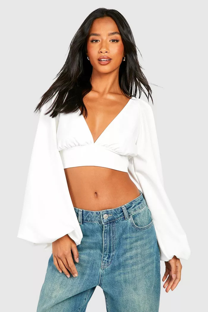 Petite Balloon Sleeve Tie Back Crop Top | boohoo (US & Canada)