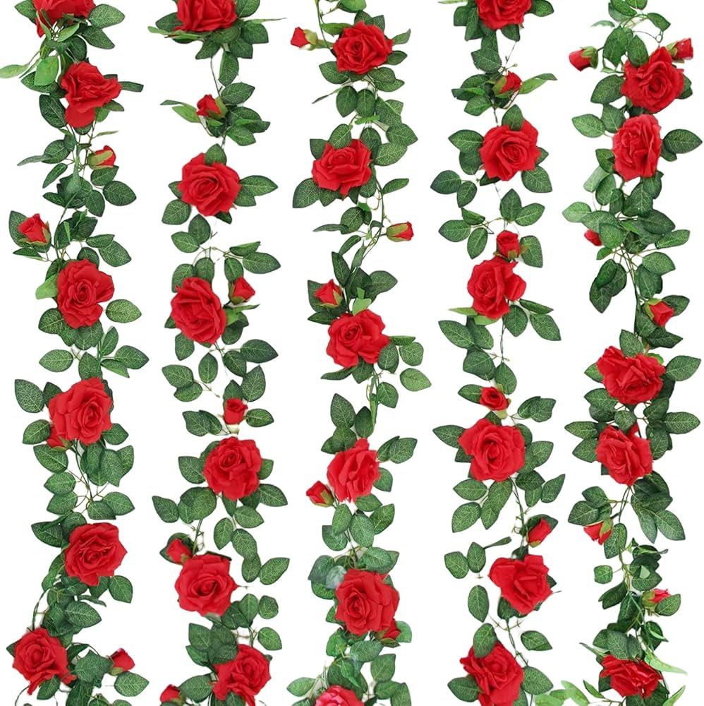 ZIFTY 5Pcs 32.5FT Red Rose Garland for Decoration Fake Flower Vines Faux Artificial Floral Garlan... | Amazon (US)