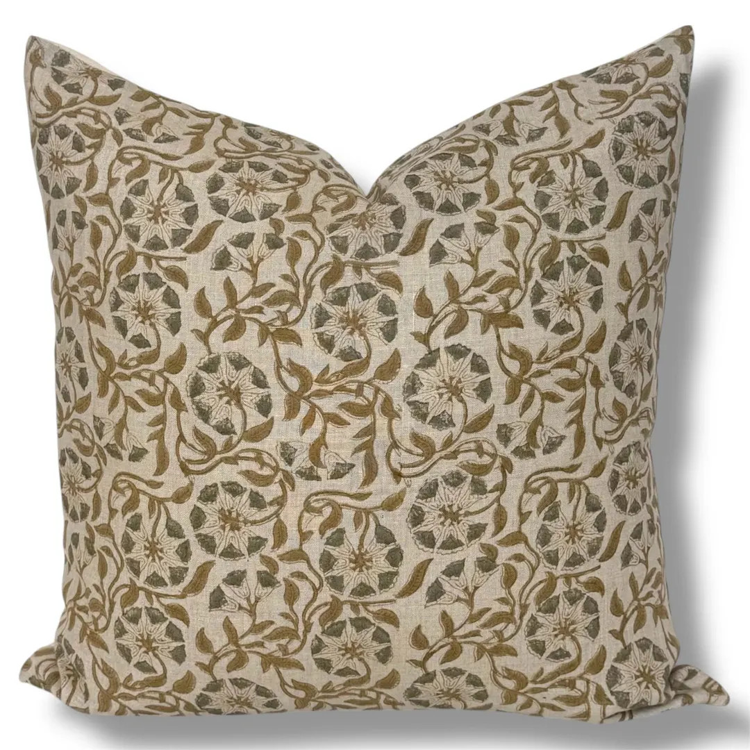 Floral Linen Pillow Cover: Grey and Tan Botanical Print, Farmhouse Decor - Etsy | Etsy (US)