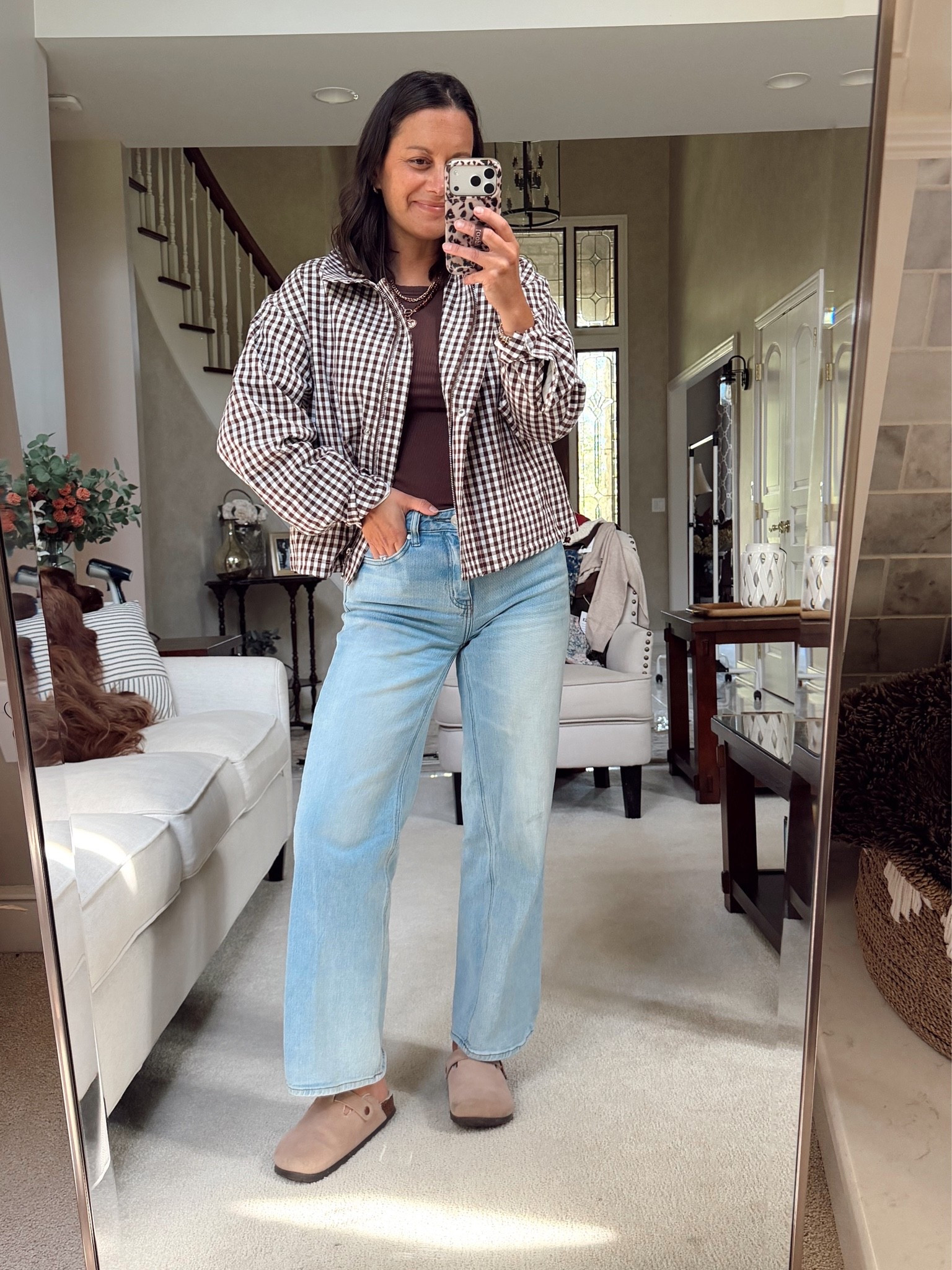 Fall outfit idea! Love this gingham jacket! Everything runs true to size!