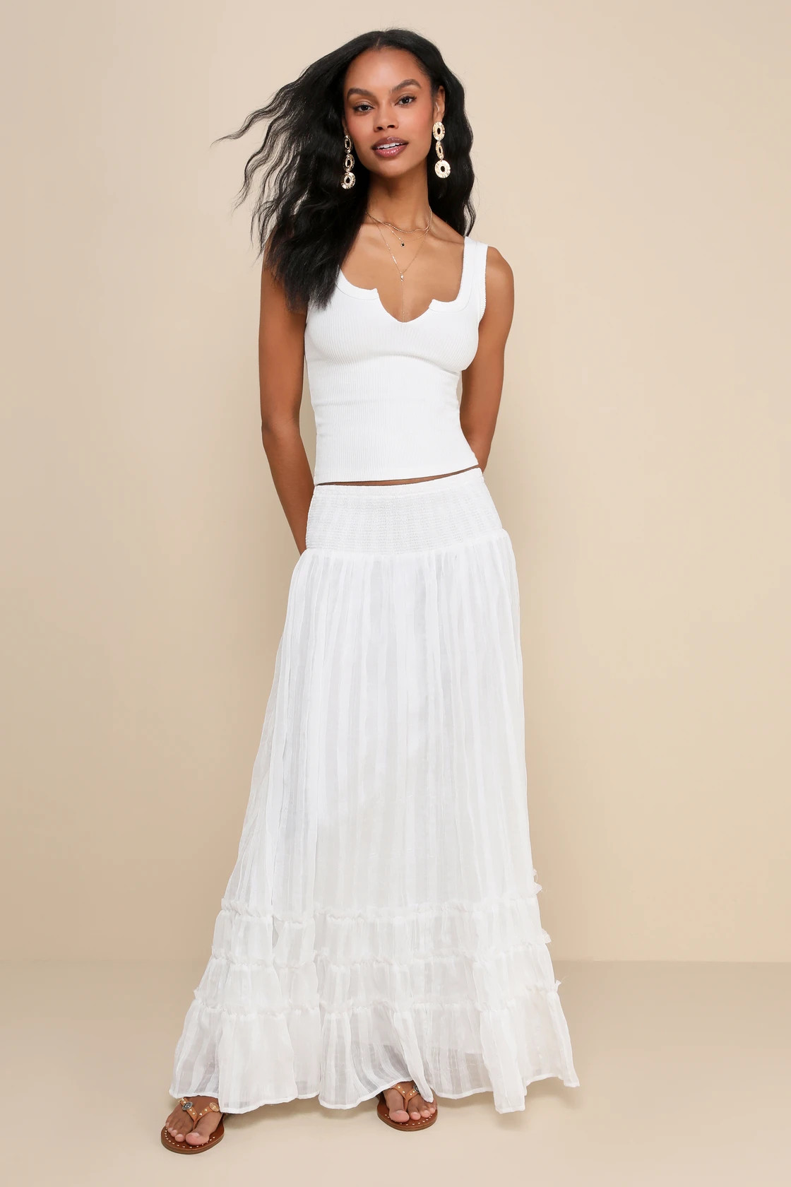 Sunny Baby White Smocked Tiered High-Waisted Midi Skirt | Lulus
