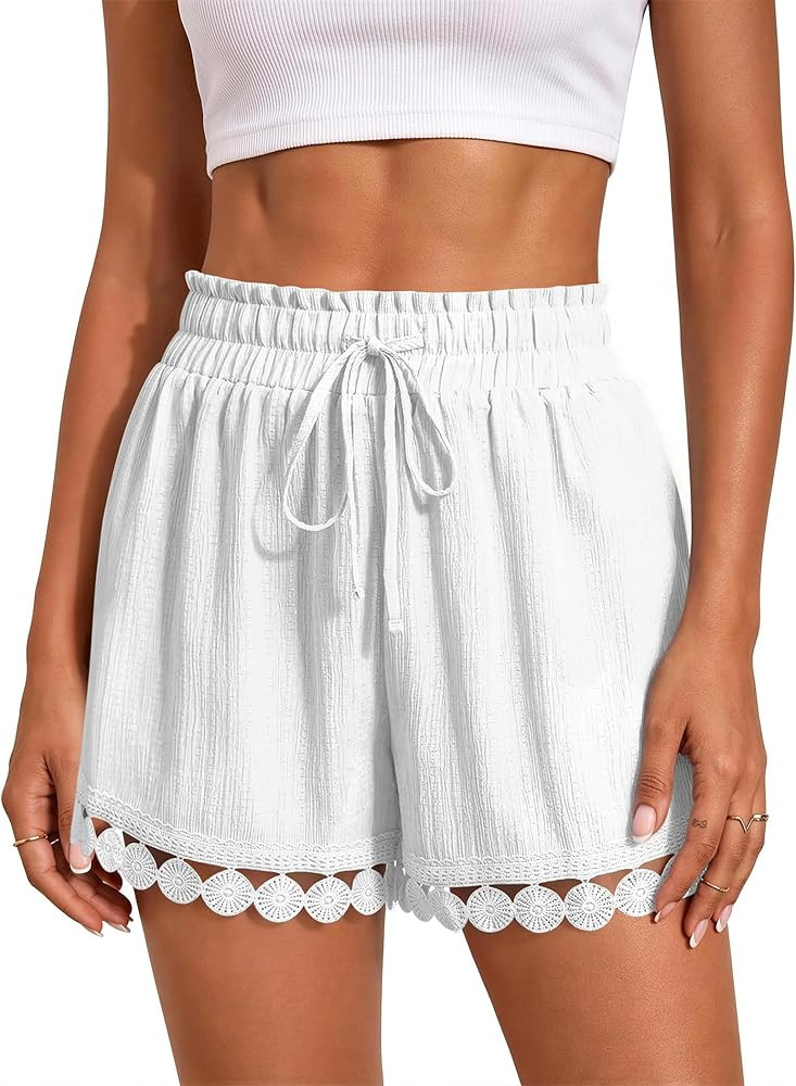 Womens Drawstring Shorts Elastic Waist Lace Boho Beach Shorts Summer Casual Short Pants with Pock... | Amazon (US)