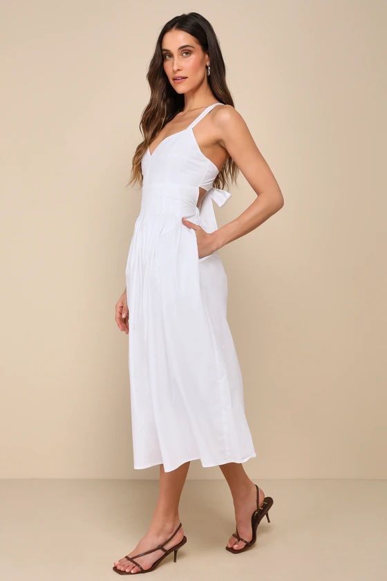 Strolling Sicily White Pleated Backless Midi Dress With Pockets | Lulus