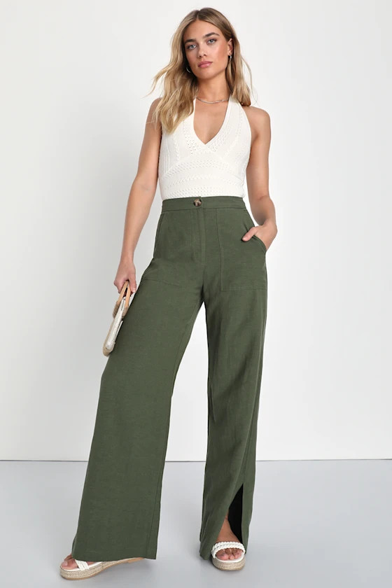 Jet Stream Olive Green High-Waisted Wide-Leg Pants | Lulus (US)