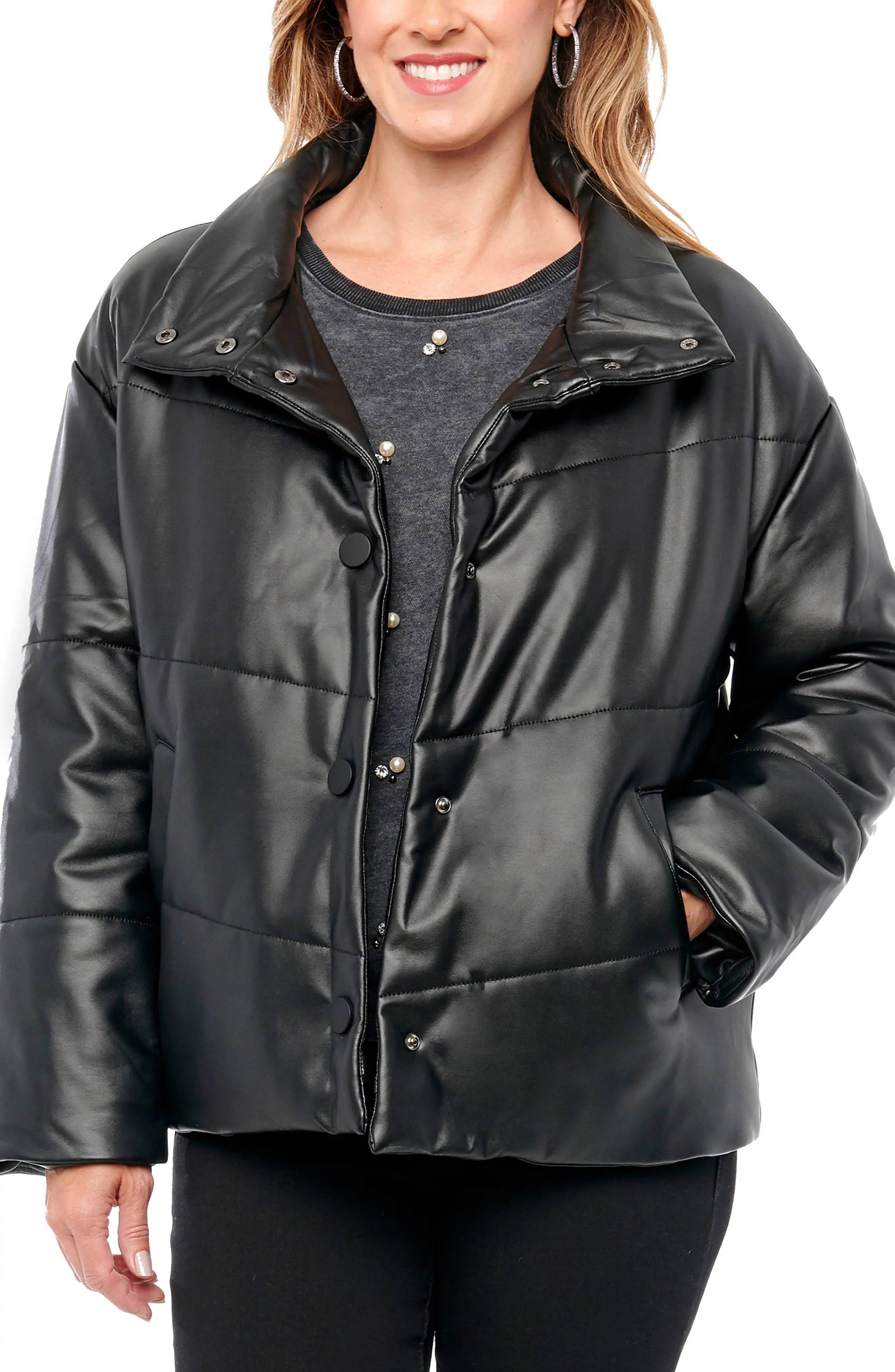 Wit & Wisdom Faux Leather Puffer Jacket, Size Large in Black at Nordstrom | Nordstrom
