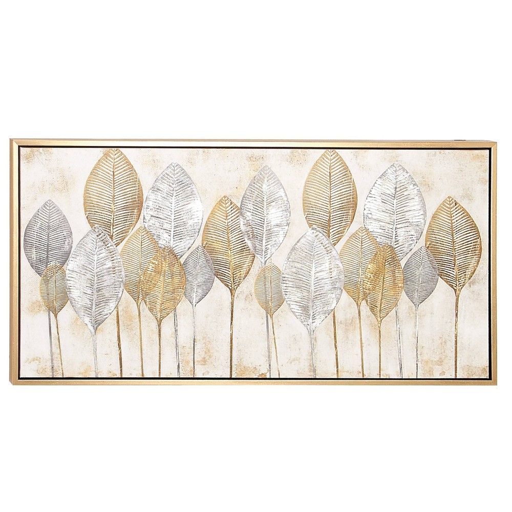 55"" x 27"" Large Rectangular Leaves Acrylic Painting Wall Art Gold/Silver - CosmoLiving by Cosmopol | Target