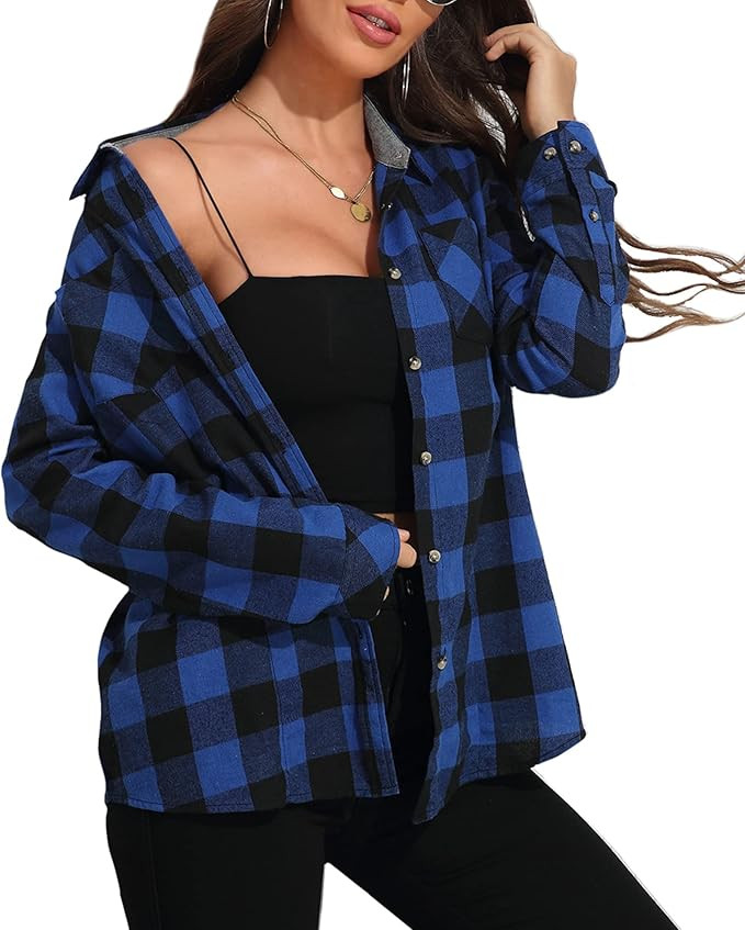 Deer Lady Women Plaid Flannel Shirt Casual Button Down Shirts Oversized Long Sleeve Blouse Top | Amazon (US)