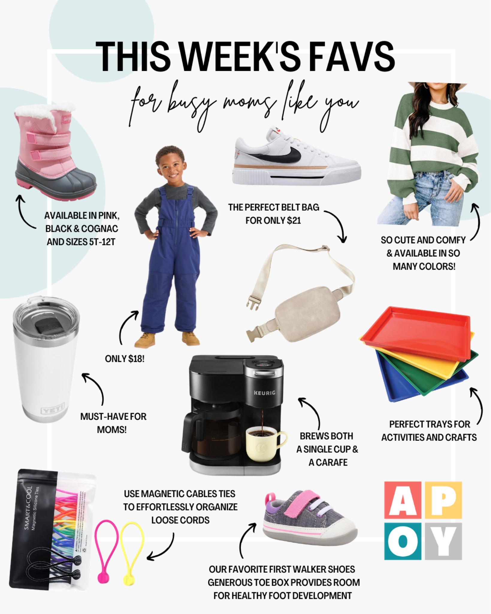 This week’s favorites including toddler Cat and Jack snow boots and bibs, Yeti tumbler, magnetic cable ties, Nike women’s sneakers, leather belt bag, Keurig Duo, See Kai Run First Walker shoes, Amazon oversized women’s sweater, and art trays

#LTKfindsunder100 #LTKkids #LTKfamily