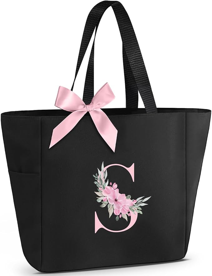 Vavabox Tote Bag, A-Z Initial Monogrammed Waterproof Tote Bag, Bridesmaid Gifts for Women, Black ... | Amazon (US)