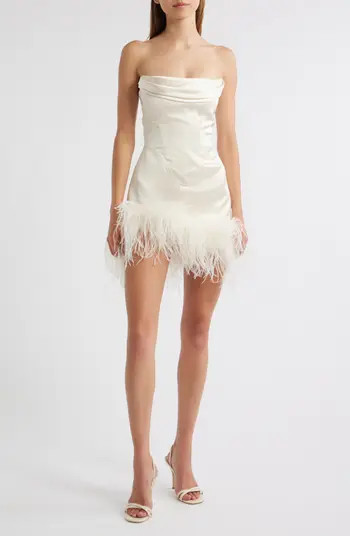 Delfi Collective Adrienne Ostrich Feather Hem Strapless Satin Cocktail Minidress | Nordstrom | Nordstrom