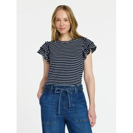 Time and Tru Women's Cotton Crewneck Tee with Ruffle Flutter Sleeves, Sizes XS-XXXL | Walmart (US)