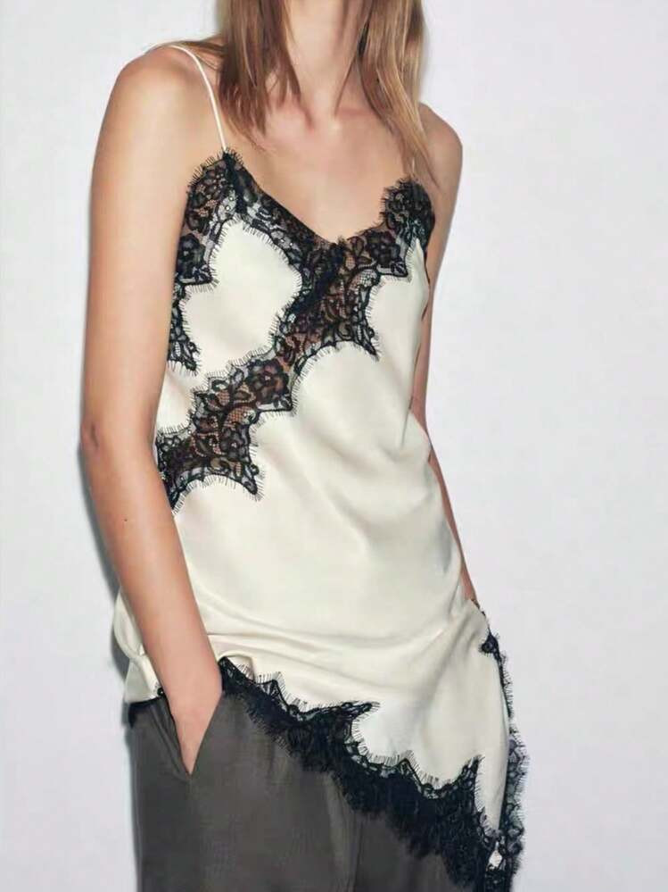 Women Y2k Satin Silk Lace Pachwork Tops Asymmetrical Dress Spaghetti Strap Cami Dress Sleeveless V Neck Open Back Camisole Tops Backless Dress Casual Club Streetwear Fairy Aesthetic Clothes | SHEIN