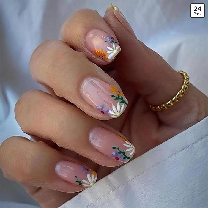 Spring Cute Flower Press on Nails Short Square Acrylic Nails Press ons Summer Nude Pink Glue on F... | Amazon (US)
