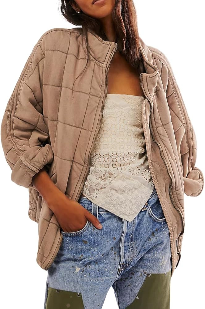 Quilted Jackets for Women Oversized Lightweight Stand Collar Full-Zip Quilted Puffer Jacket Loose... | Amazon (US)