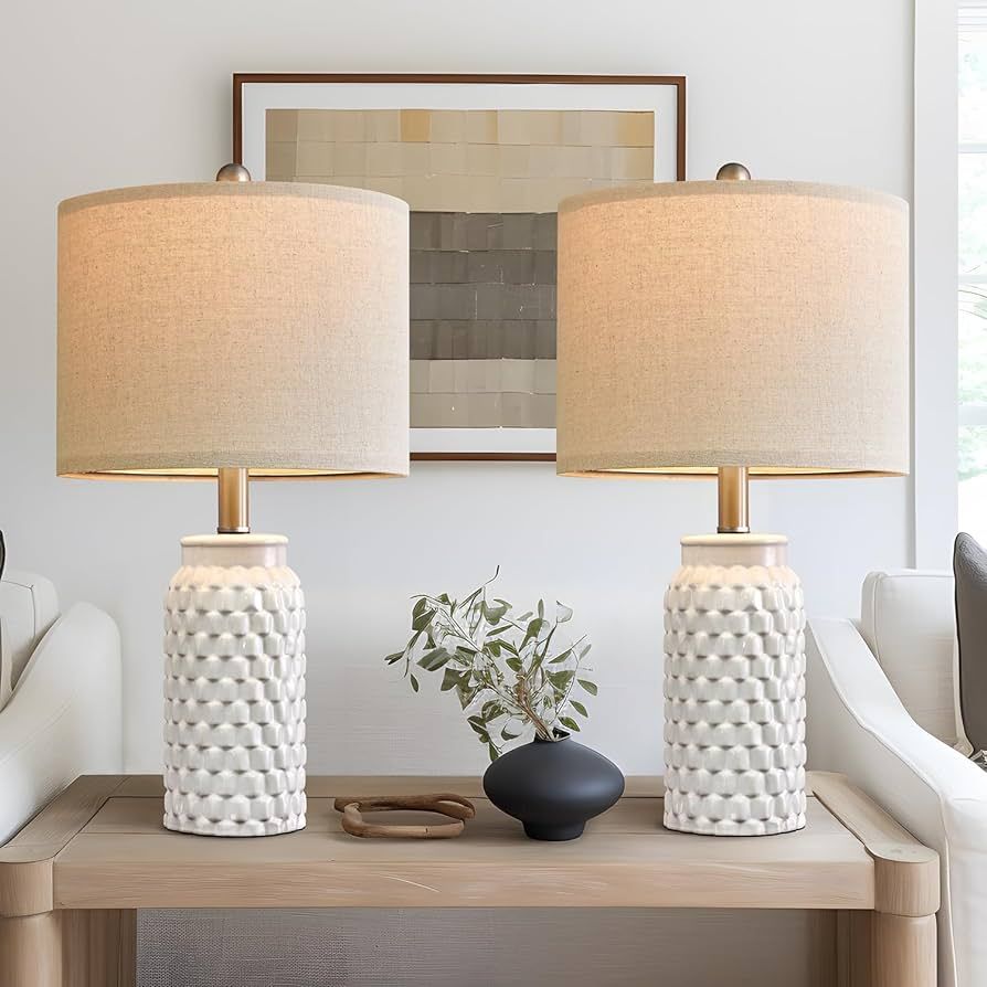 20.5" White Modern Ceramic Bedside Lamp Set of 2 for Bedroom Decor Farmhouse Table Lamp for Livin... | Amazon (US)