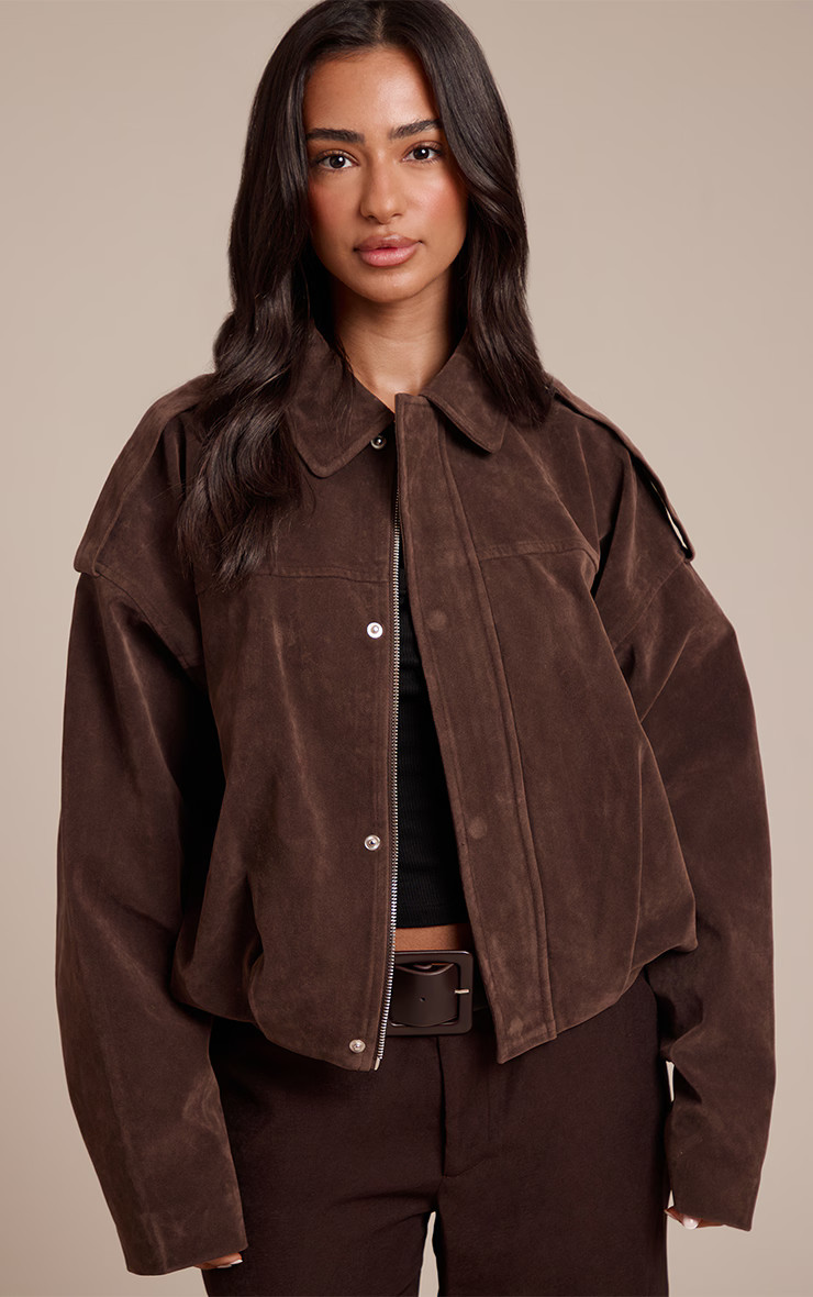 Petite Brown Faux Suede Oversized Zip Up Jacket | PrettyLittleThing US