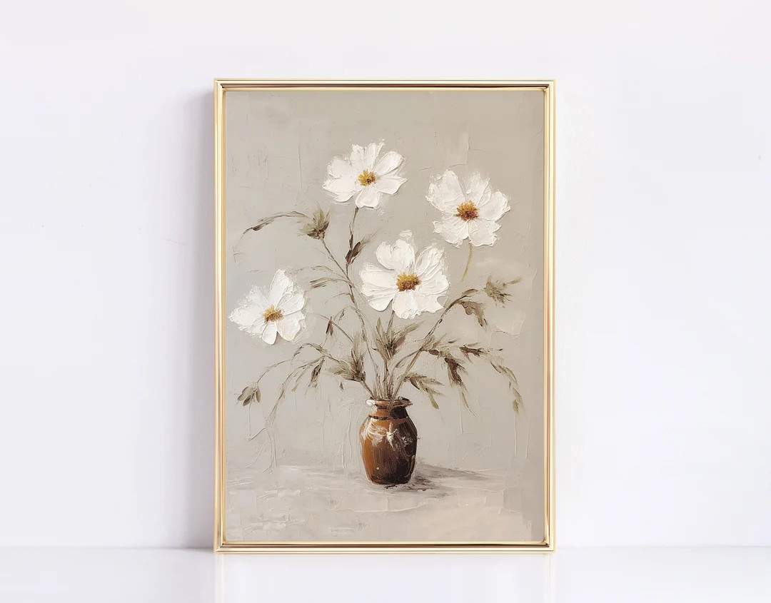 White Flowers Oil Painting Digital Print Water Edge Tree Neutral Vintage Landscape Painting Vinta... | Etsy (US)