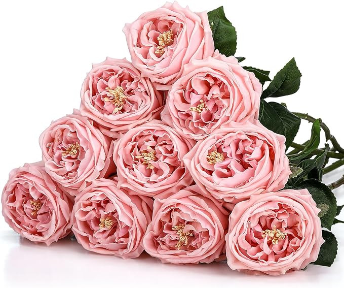 10pcs Real Touch Peonies Artificial Flowers, Faux Austin Rose with Long Stem Look Real Fake Flowe... | Amazon (US)