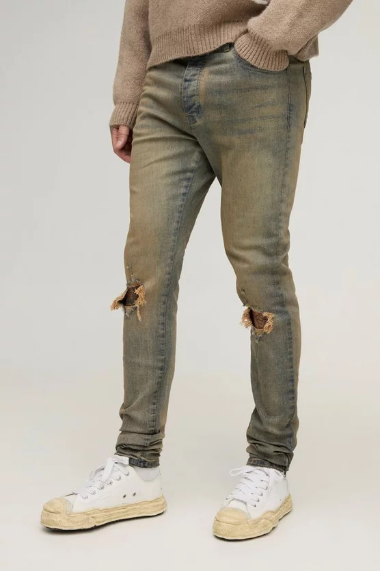 Tall Tinted Rip Knee Stacked Skinny Zip Hem Jeans | boohooMAN (US & Canada)