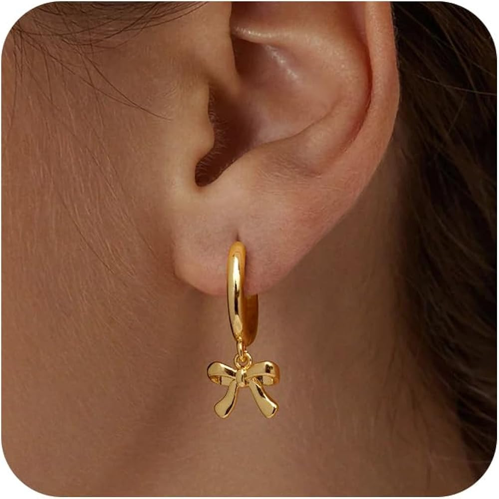 Earrings for Women Trendy Bow 14K Gold Plated/Silver Hoops Simple Twist Huggie Dainty Cubic Zirco... | Amazon (US)