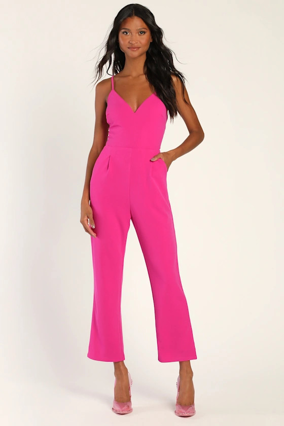 Signature Cutie Hot Pink V-Neck Sleeveless Jumpsuit | Lulus