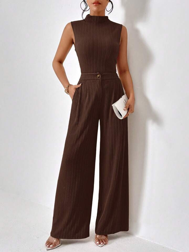 SHEIN Essnce Women's Stand Collar Vest And Wide Leg Pants Set | SHEIN