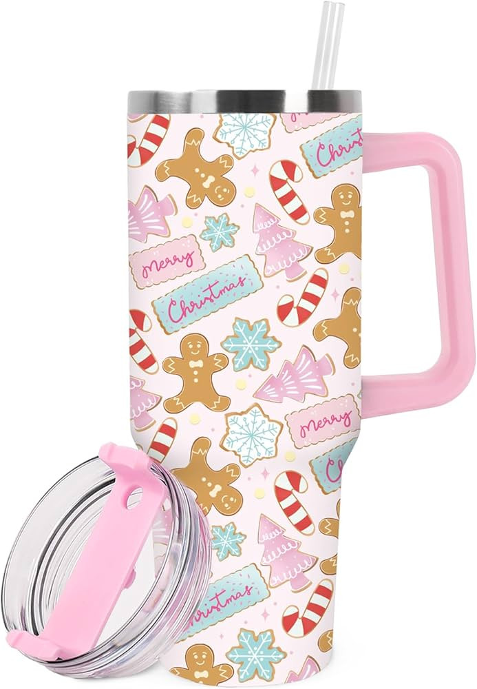1Pc Christmas Tumbler with Handle Lid Straw 40oz Pink Xmas Tree Gingerbread Man Stainless Steel T... | Amazon (US)