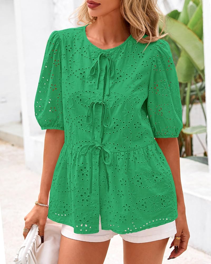 KIRUNDO Womens Tops Dressy Casual Tie Front Shirts Short Lantern Sleeve Hollow Out Lace Embroider... | Amazon (US)