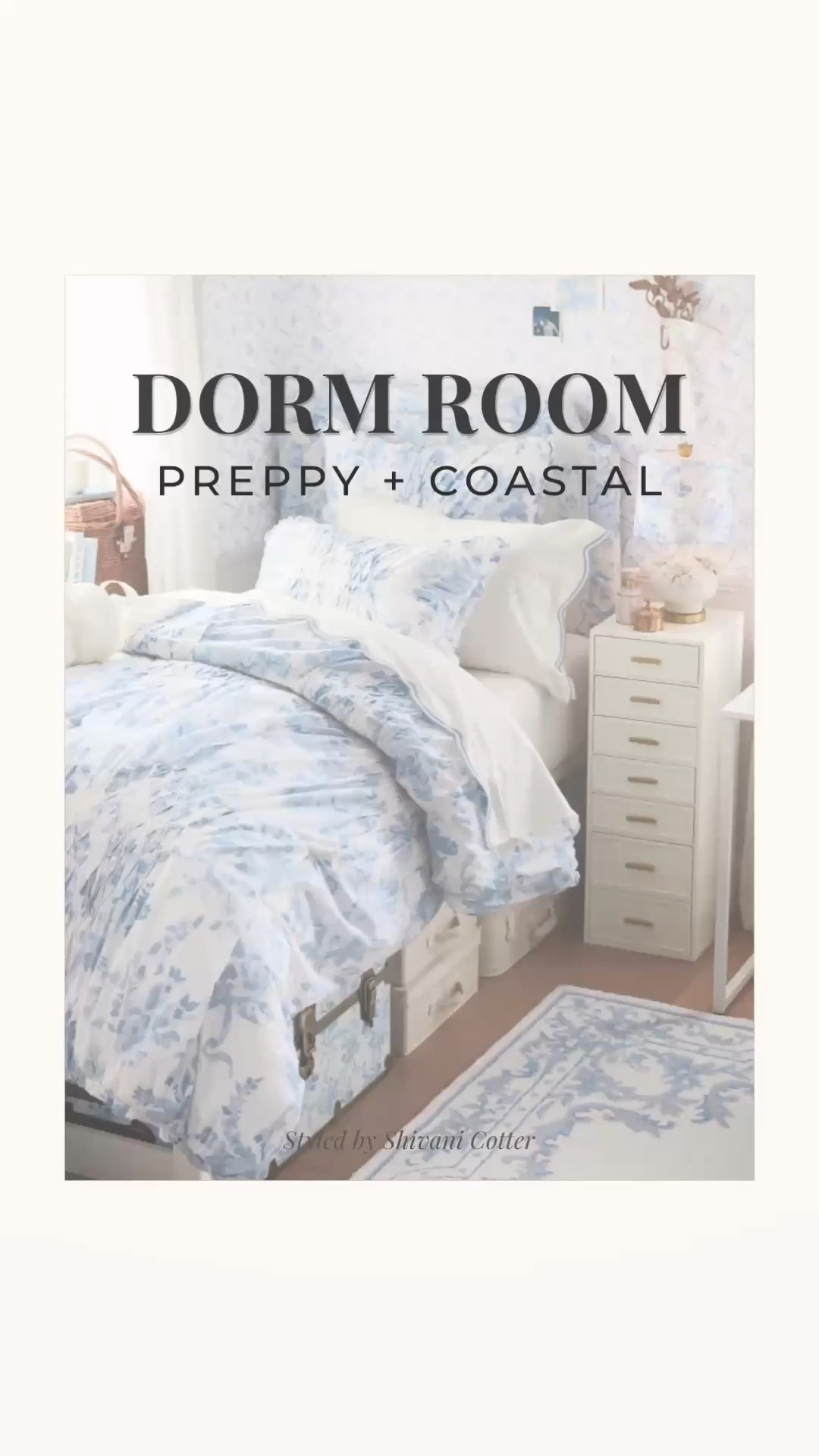 Preppy Blue and White Coastal Dorm Room Decor

If you love blue and white decor, this setup is everything! 
Soft blue florals, crisp white layers, and hidden storage that keeps everything looking clean but still functional. This is how you get that preppy coastal dorm aesthetic while making a small space work harder.
What makes this setup work:
• Layered bedding that looks full and styled (not flat)
• Under bed storage that doubles as decor
• Matching prints across storage, laundry, and closet for a cohesive look
• Soft lighting that makes the room feel warm, not harsh
• Hidden organization so your space always looks clean

It’s giving coastal, classic vibes, and it's completely move-in ready.

Save this for dorm planning and move-in inspo 🤍
#preppy #dormdecor #blueandwhitebedroom #coastaldecor
 

 