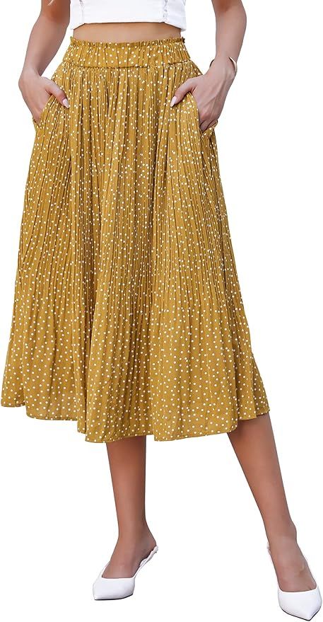 Chigant Women's Midi Skirt High Waist Polka Dot Swing Skirts Floral A-Line Maxi Skirt with Pocket... | Amazon (US)