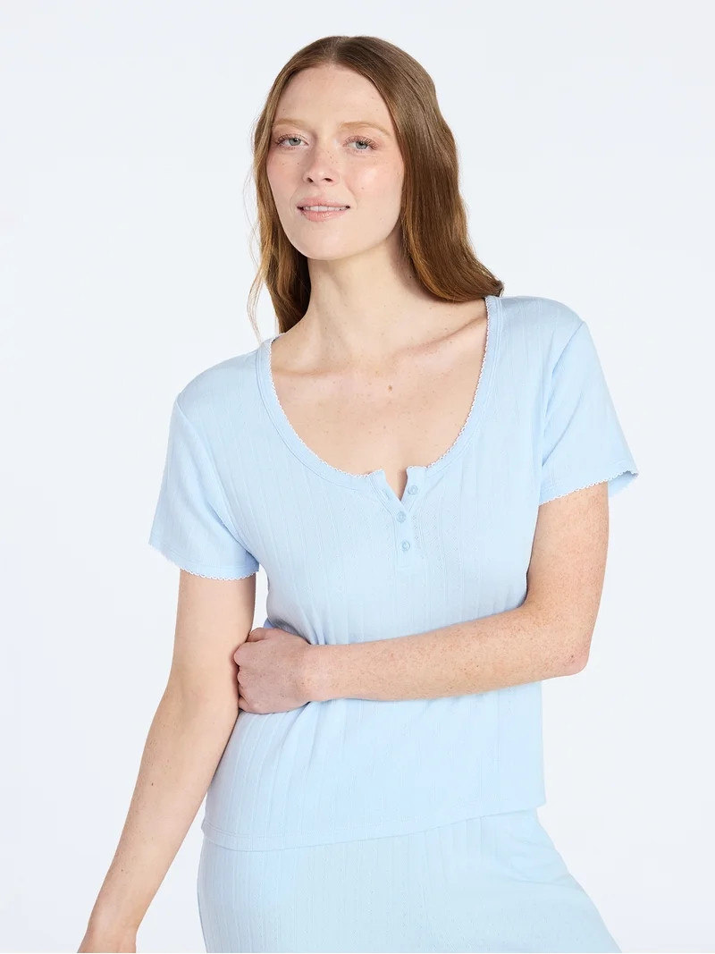 Joyspun Women’s Pointelle Knit Sleepwear Henley Tee with Short Sleeves, Sizes XS-3X | Walmart (US)