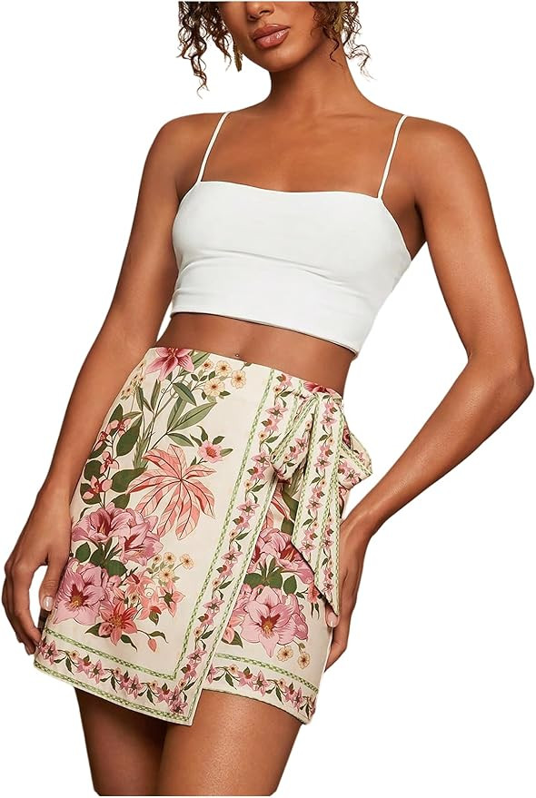 MakeMeChic Women's Floral Tie Side Skirt High Waist Wrap Boho Mini Skirts | Amazon (US)
