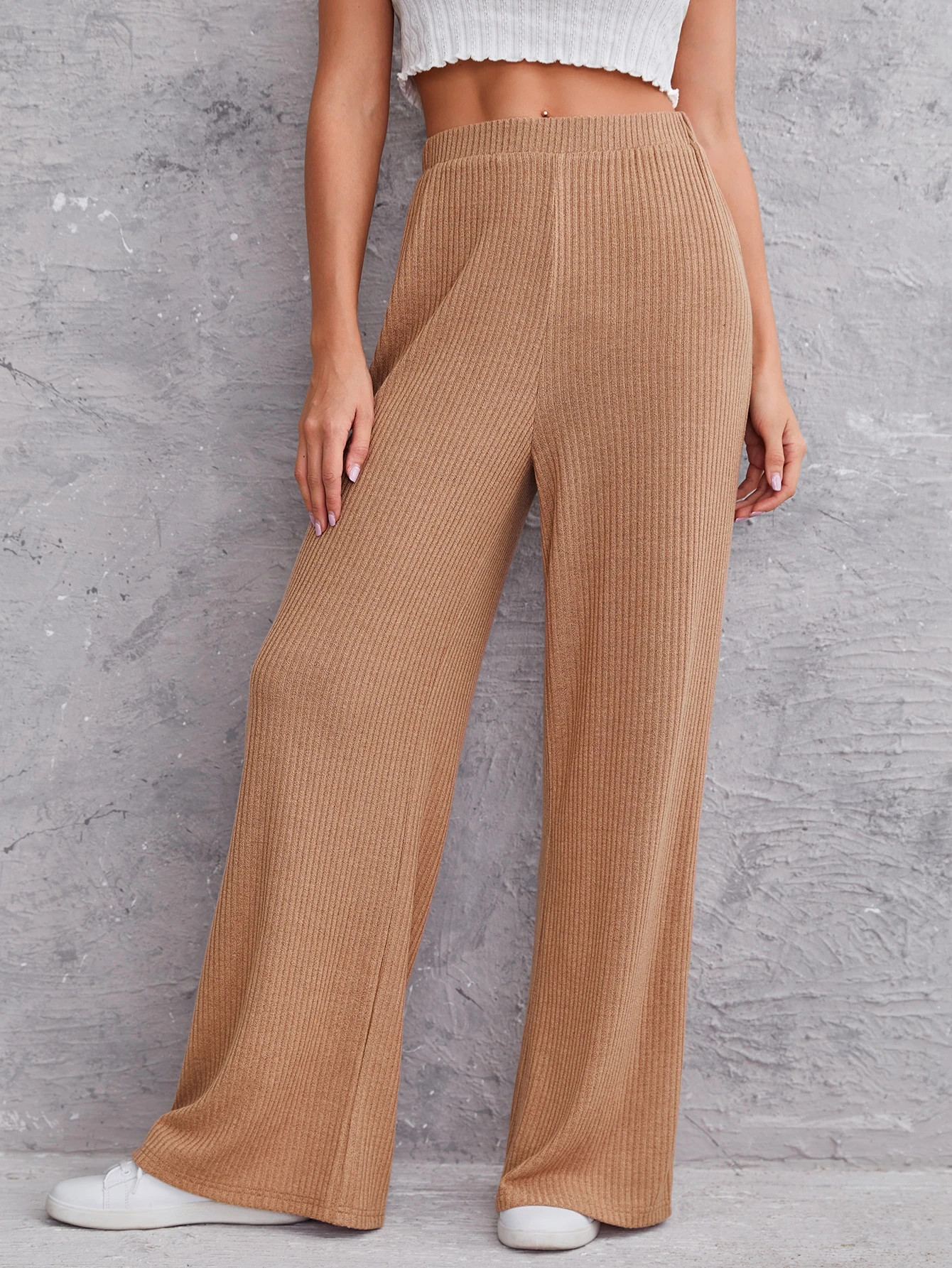 SHEIN Solid Rib-knit Wide Leg Pants | SHEIN
