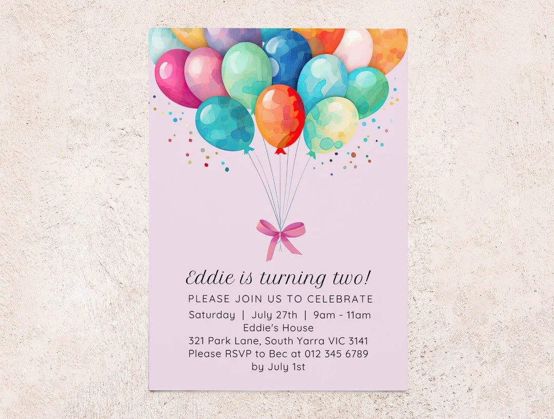Birthday Balloons Invitation Instant Digital Download Balloon Bow Invite Editable Canva Template ... | Etsy (US)