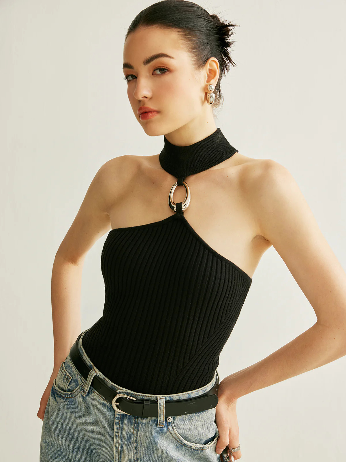 Ring Detail Ribbed Halter Top | Commense