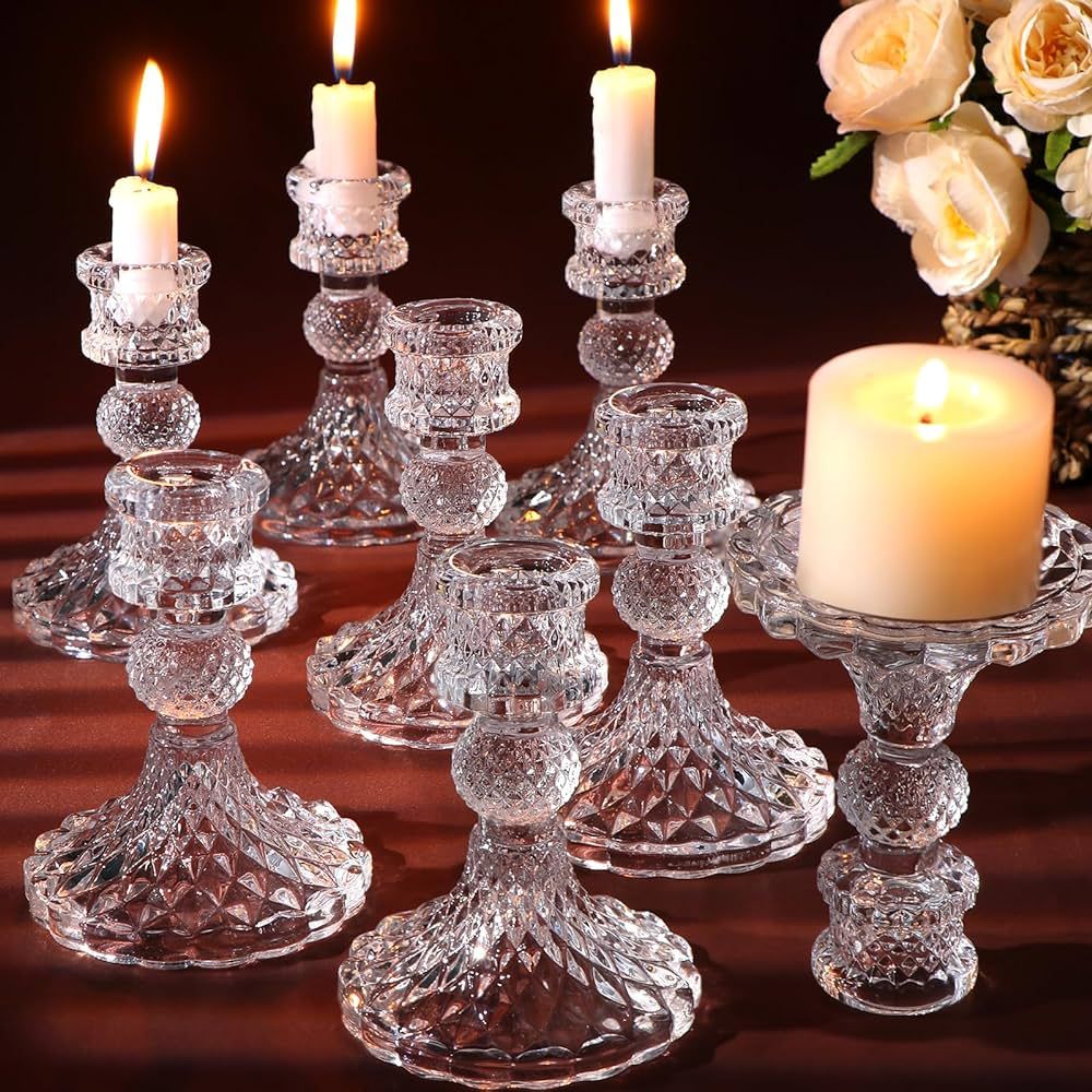 DARJEN Candlestick Holders Set,12Pcs 4" H Taper Candle Holders Bulk, Clear Glass Candle Holders f... | Amazon (US)