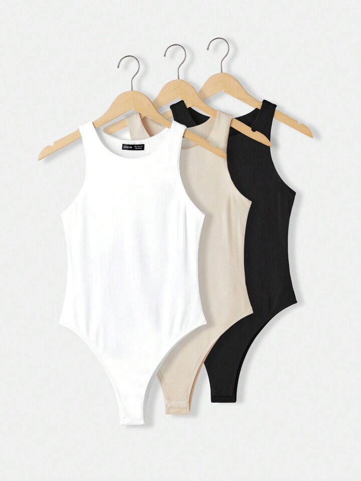 SHEIN BASICS Juego De 3 Piezas De Bodys De Punto De Color Liso, Cuello Redondo, Sin Mangas, Ceñido Para Mujer, Casual | SHEIN