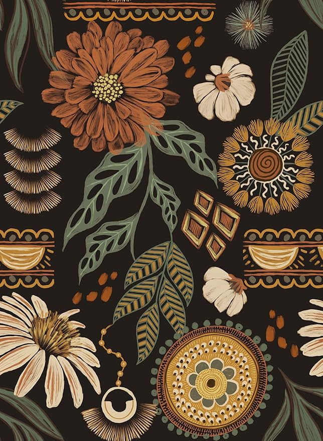 Simon&Siff Boho Wallpaper Peel and Stick, Sun Floral Retro Removable Contact Paper Dark Botanical... | Amazon (US)