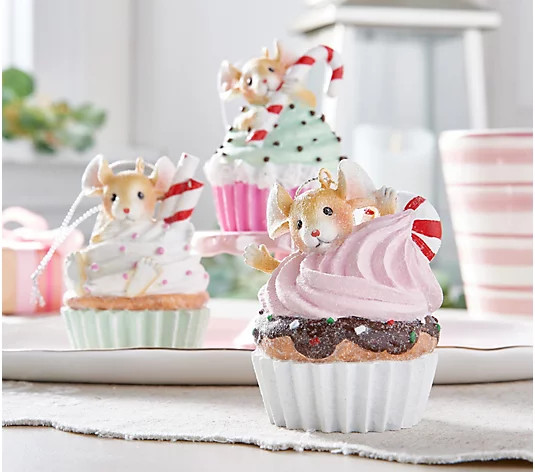 Set of 3 Christmas Mice Cupcakes by Valerie | QVC