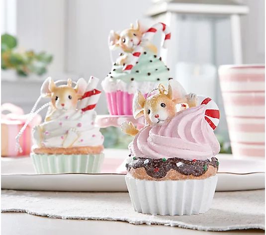 Set of 3 Christmas Mice Cupcakes by Valerie | QVC