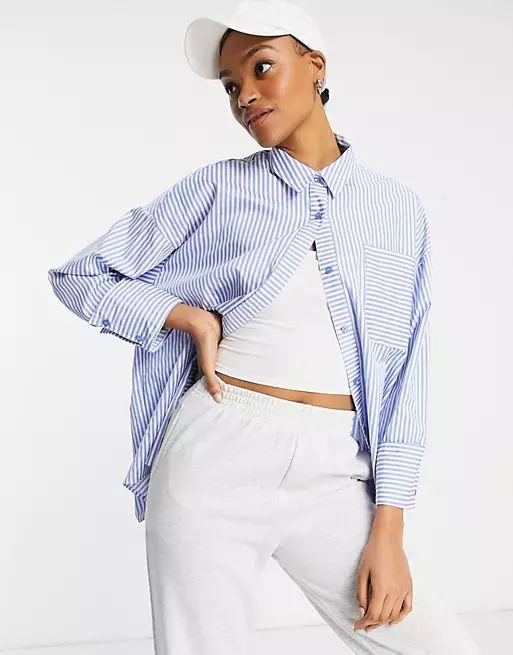ASOS DESIGN long sleeve oversized cotton dad shirt in light blue and white stripe | ASOS (Global)