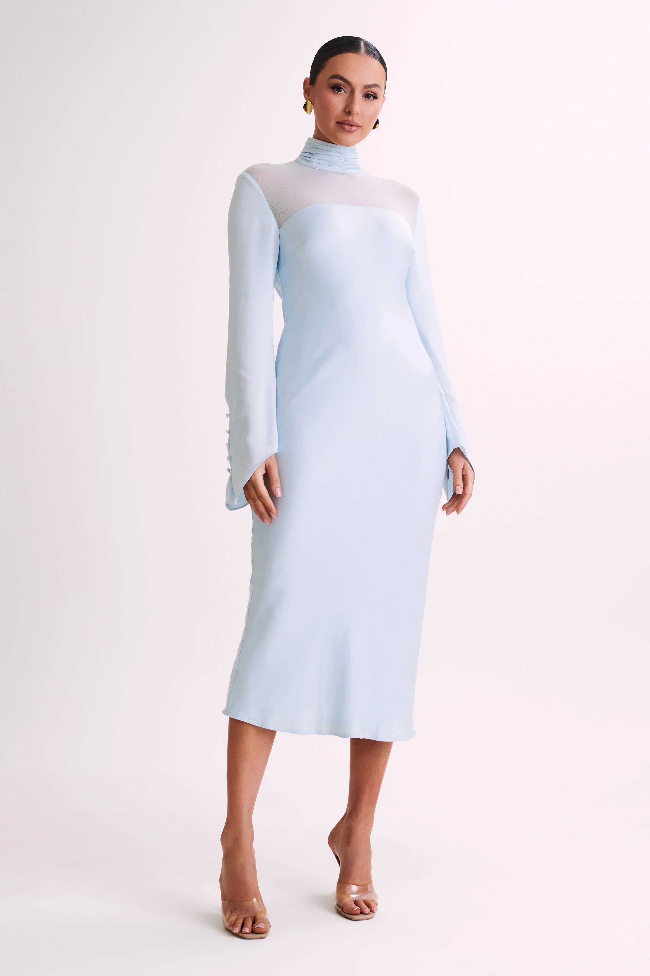 Patricia High Neck Satin Midi Dress - Powder Blue | MESHKI US