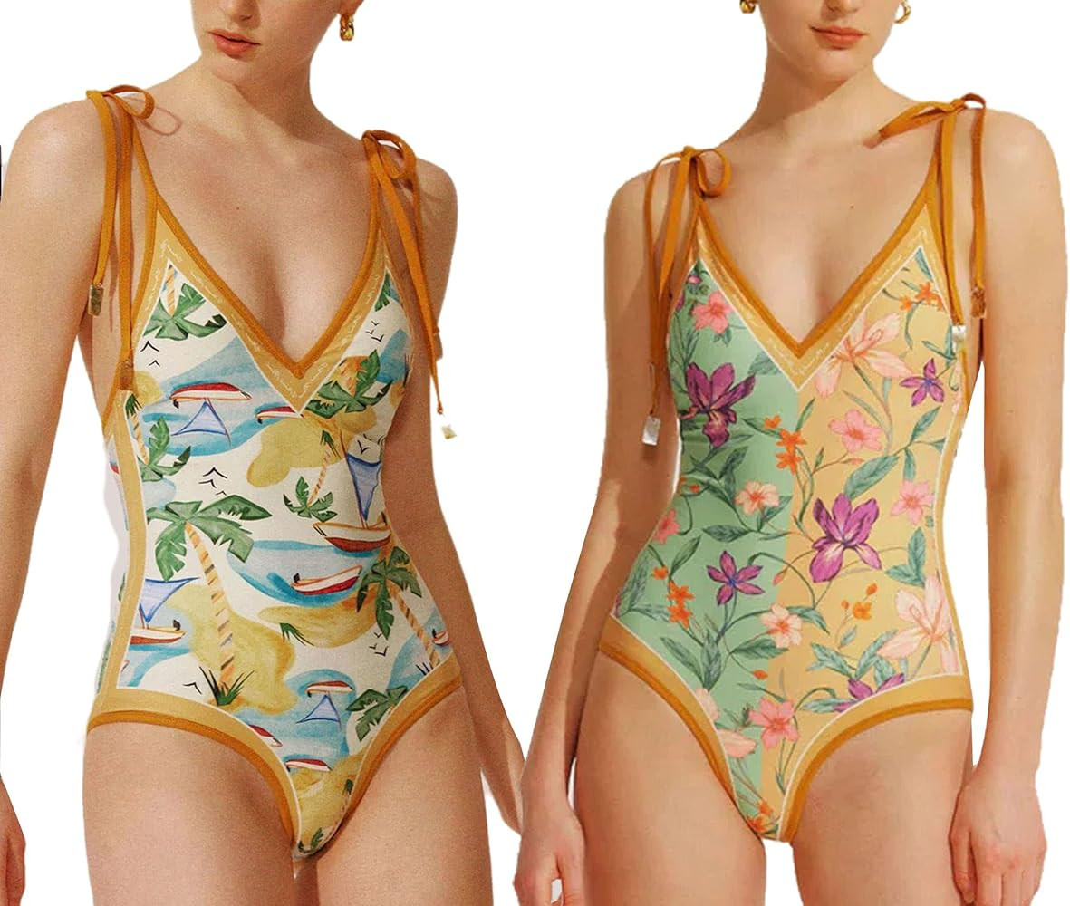 Women's One Piece Swimsuit Floral Print Bathing Suit Tummy Control Reversible Tie Shoulder Swimmi... | Amazon (US)