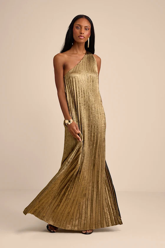Averette Bronze Metallic Pleated One-Shoulder Maxi Dress | Lulus