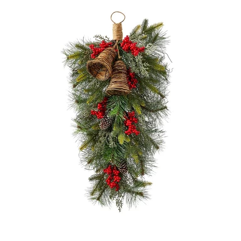 Holiday Time Unlit Pine and Berries Teardrop Christmas Wreath Decor, 30" x 16", 25 oz | Walmart (US)